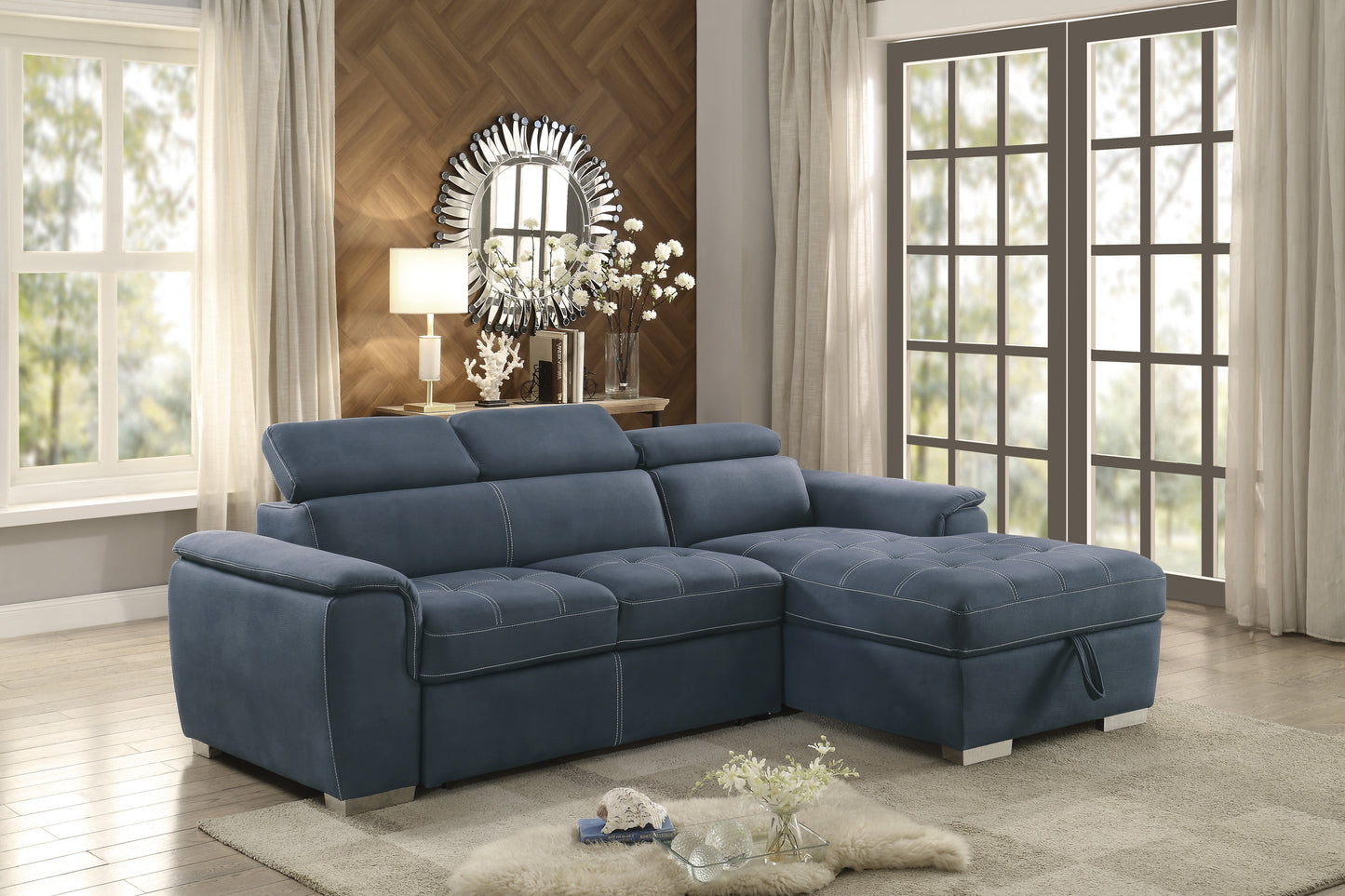8228 2-Piece Sectional with Adjustable Headrests, Pull-out Bed and Right Chaise with Hidden Storage