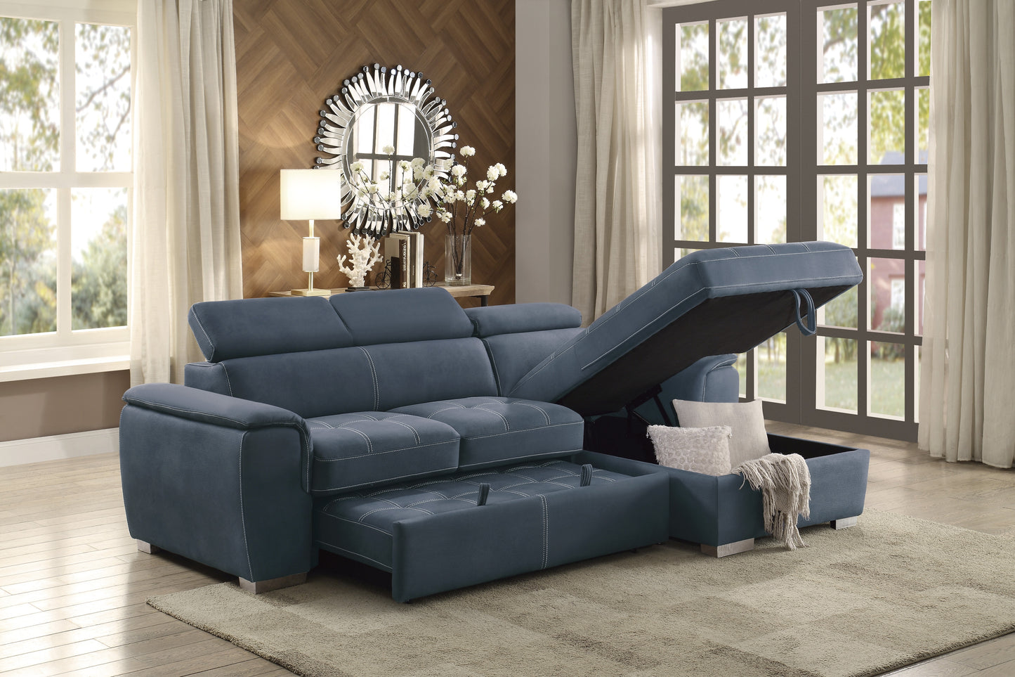 8228 2-Piece Sectional with Adjustable Headrests, Pull-out Bed and Right Chaise with Hidden Storage