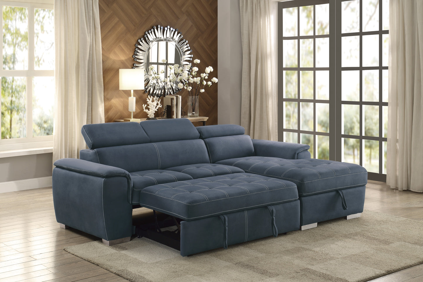 8228 2-Piece Sectional with Adjustable Headrests, Pull-out Bed and Right Chaise with Hidden Storage