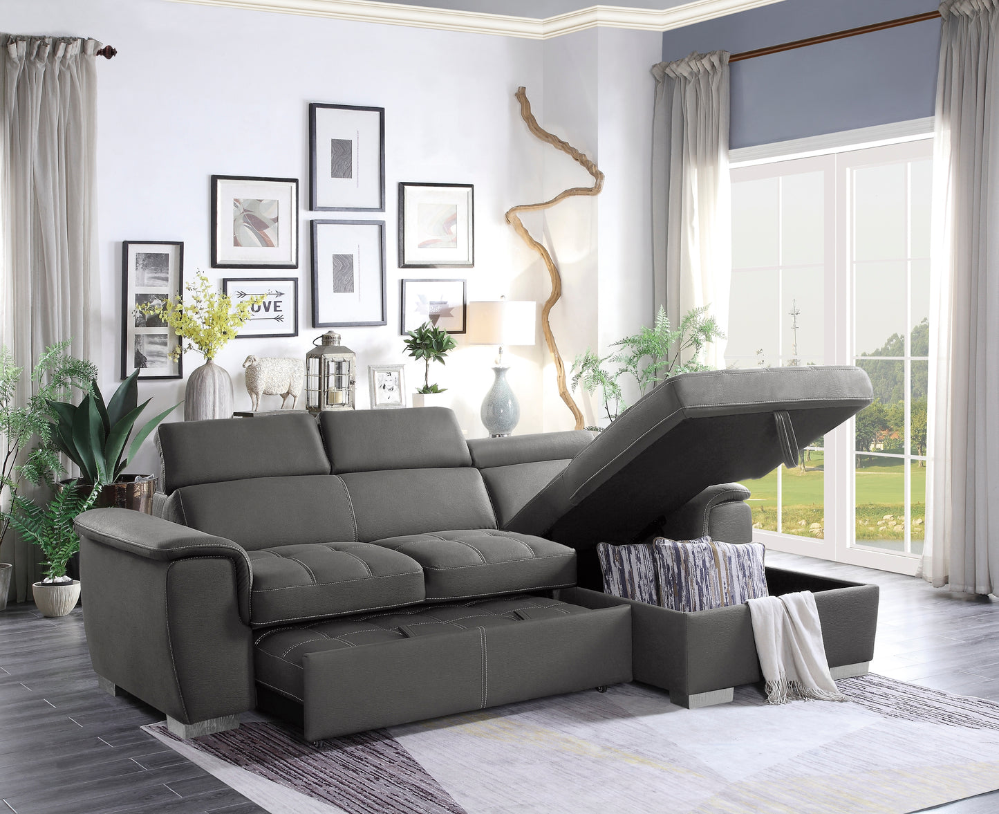 8228 2-Piece Sectional with Adjustable Headrests, Pull-out Bed and Right Chaise with Hidden Storage