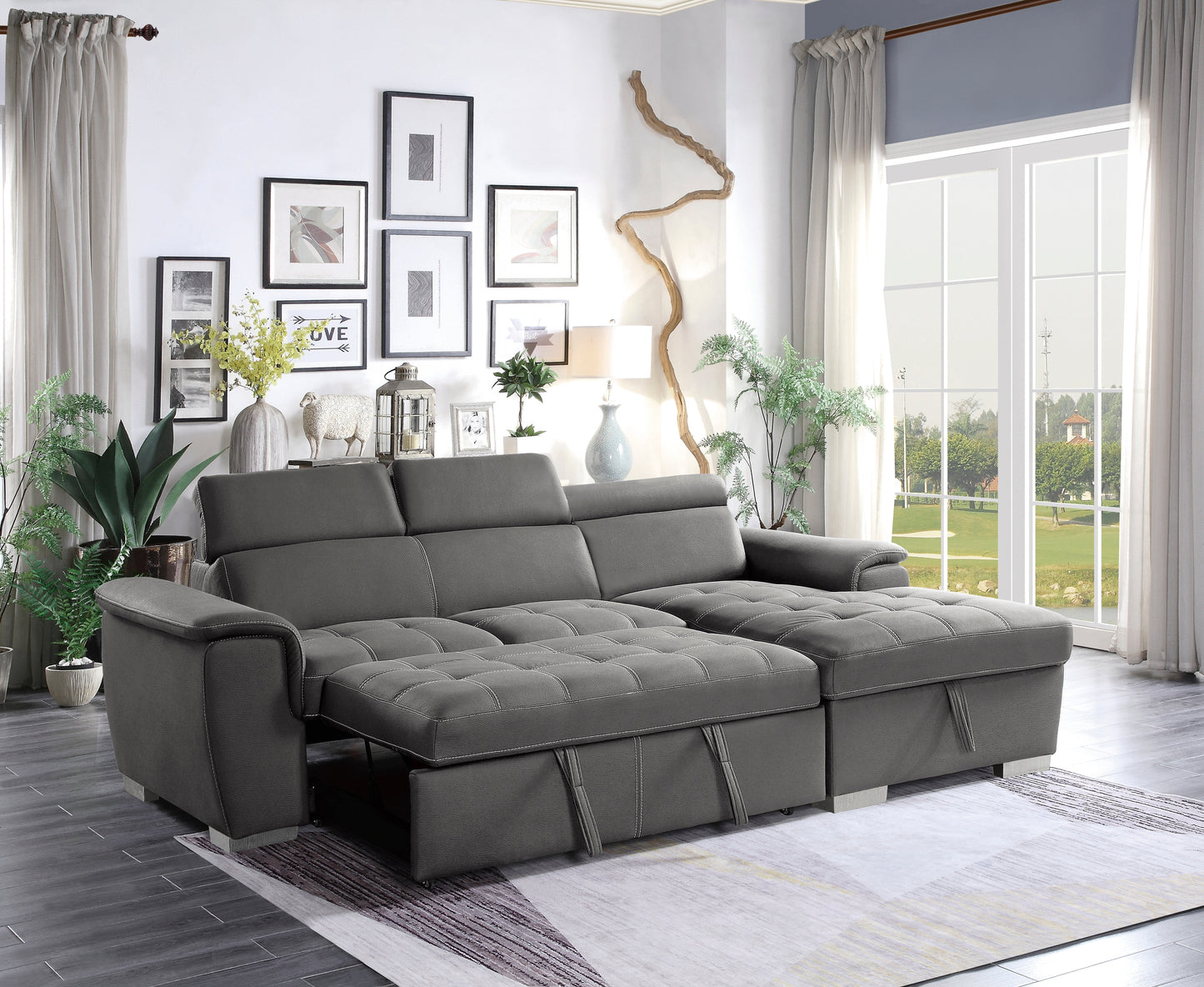 8228 2-Piece Sectional with Adjustable Headrests, Pull-out Bed and Right Chaise with Hidden Storage