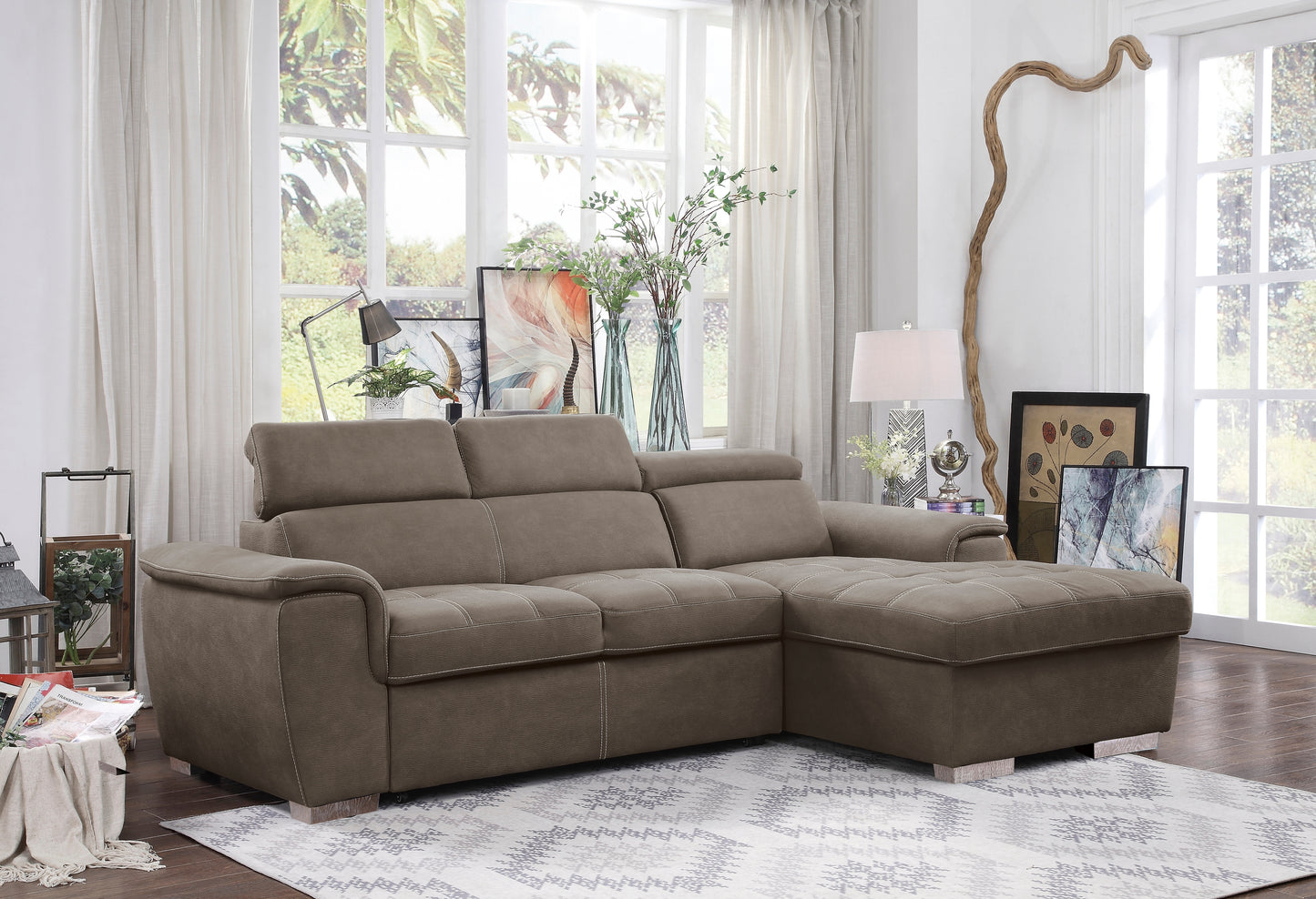 8228 2-Piece Sectional with Adjustable Headrests, Pull-out Bed and Right Chaise with Hidden Storage