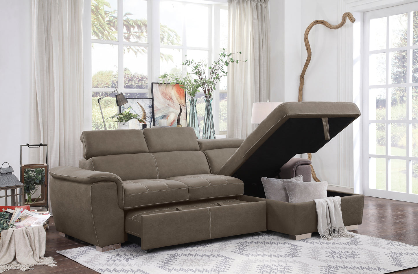 8228 2-Piece Sectional with Adjustable Headrests, Pull-out Bed and Right Chaise with Hidden Storage