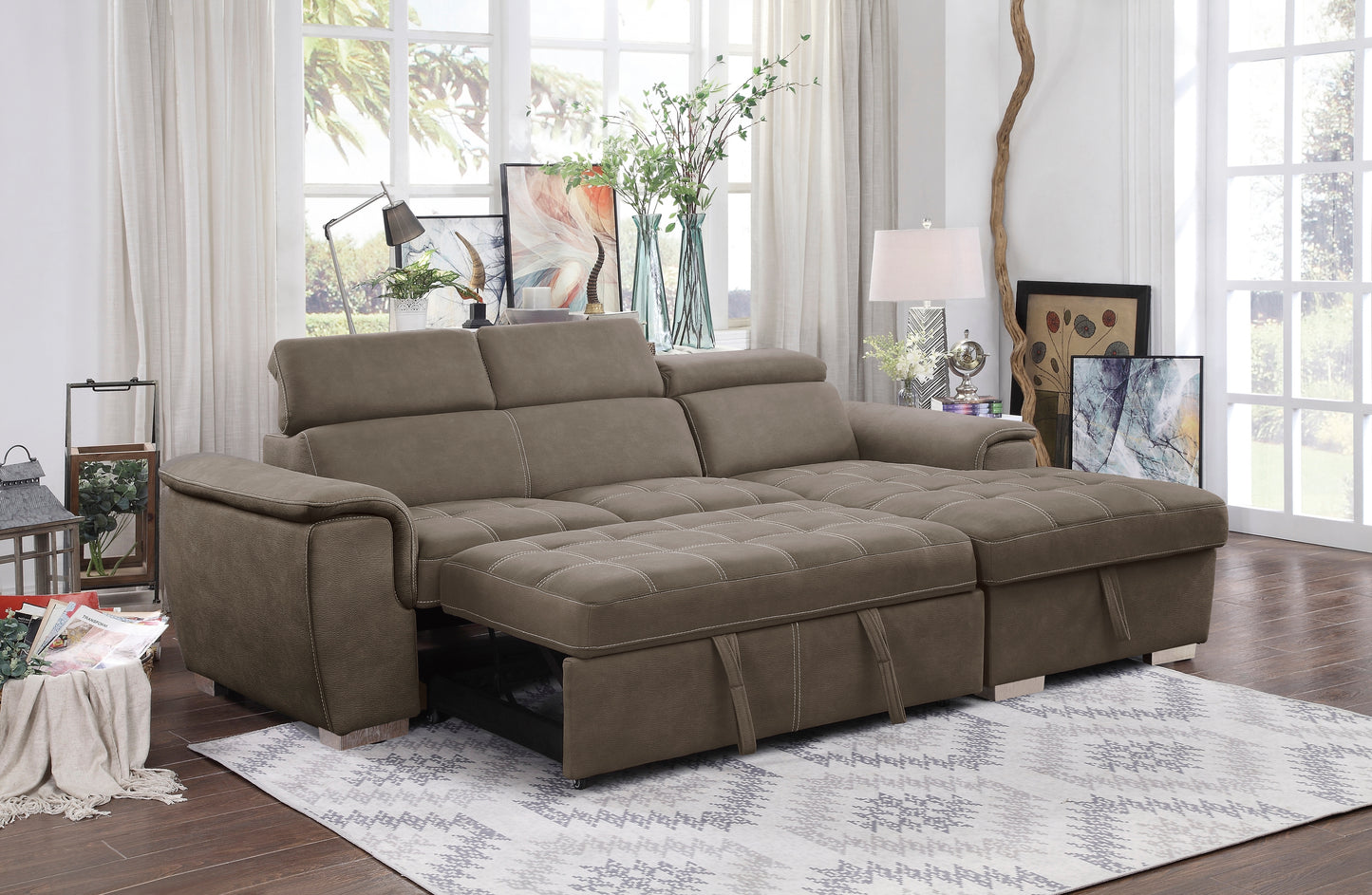 8228 2-Piece Sectional with Adjustable Headrests, Pull-out Bed and Right Chaise with Hidden Storage